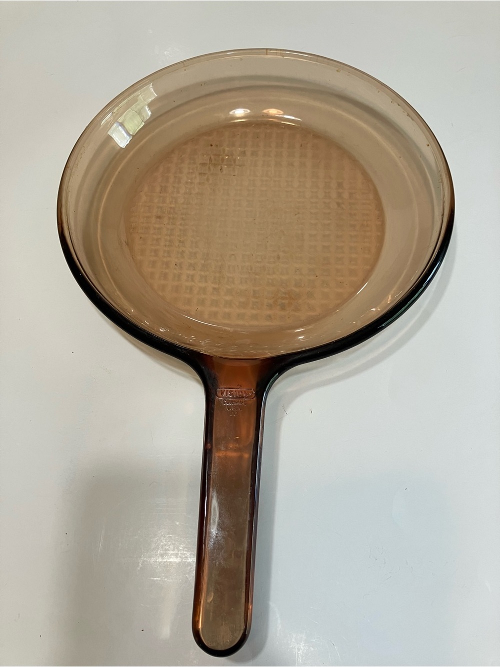 Corning Vision Ware Amber 10” Glass Skillet Fry Pan Skillet Waffle Bottom No Lid